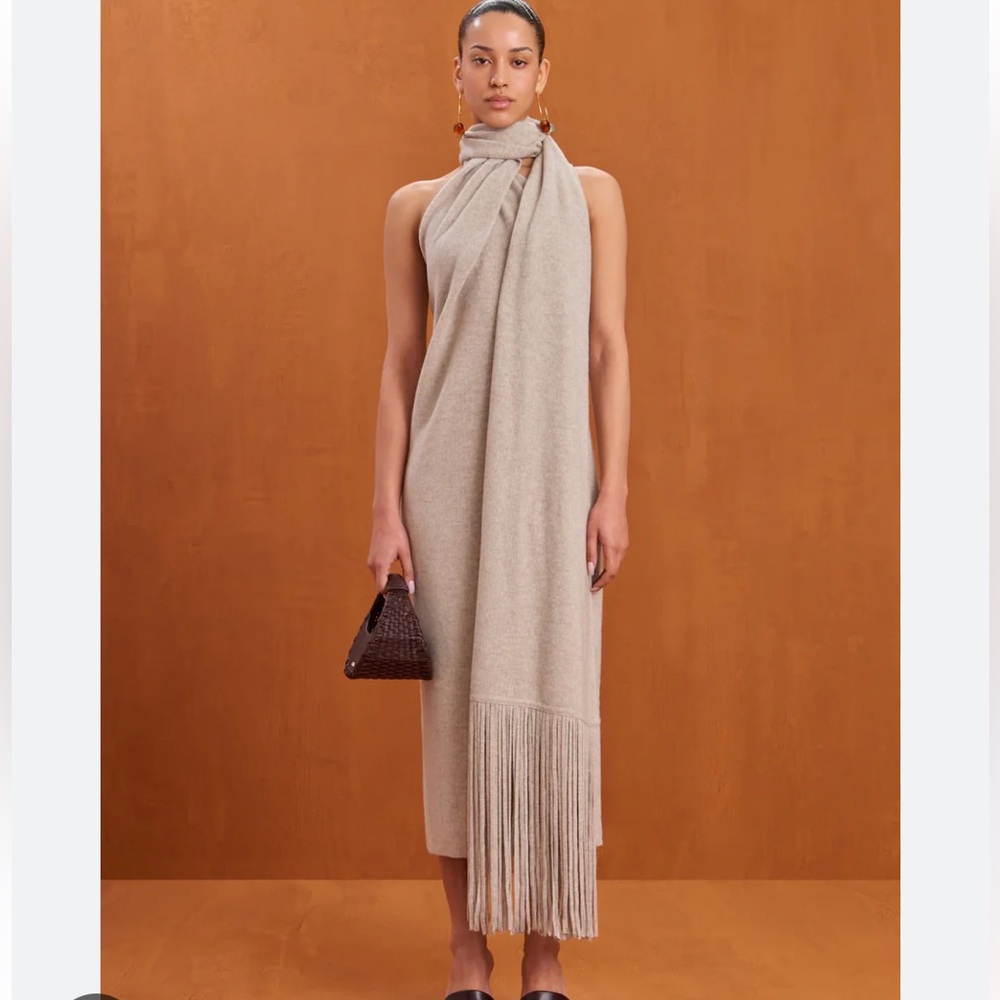 Cult Gaia Jordan Knit Beige Maxi Dress with Fringe Scarf Size XS